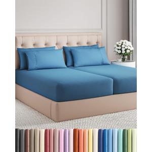 Split King 7 Piece Sheet Set - Comfy Breathable & Cooling - Soft Hotel Luxury Bedding Set with 8-16 Inch Deep Pockets - 1 Flat & 2 Fitted Sheet & 4 Pillowcases - Wrinkle Free & Easy Care - Denim Blue