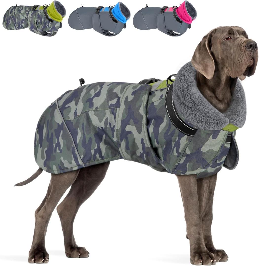 SlowTon Dog Winter Coat, Windproof 3 Layers Thick Warm Fleece Lining Dog Jacket for Cold Weather, Reflective Dogs Apparel with Leash Opening for Medium Large Dogs(Green Camo,3XL)