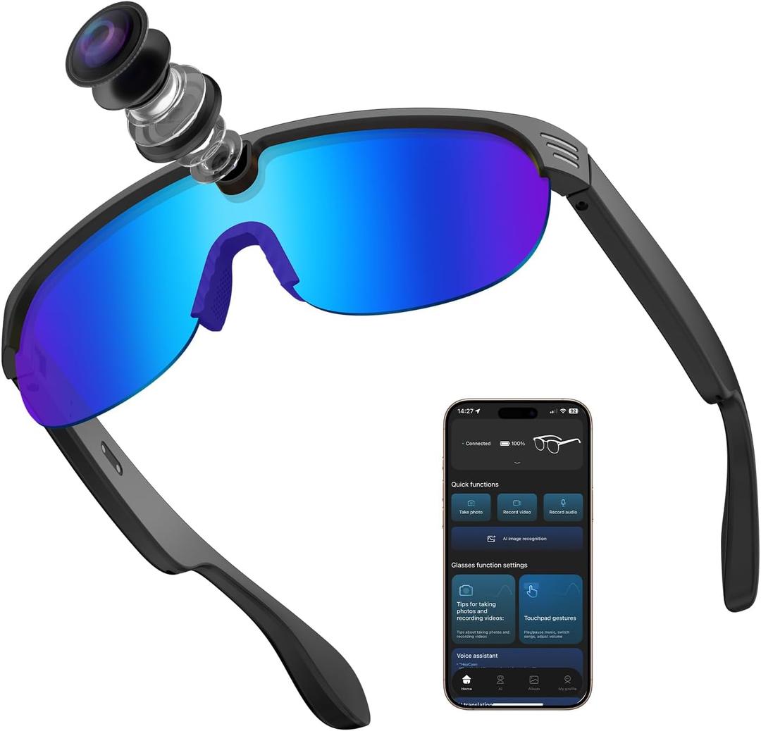 CJkao Smart Riding Glasses with Camera for Men Women, Bluetooth Music, Support Photos/Videos/Voice Recording, Built-in ChatGPT Voice Assistant control, AI sunglasses outdoor Cycling (G5-Blue)