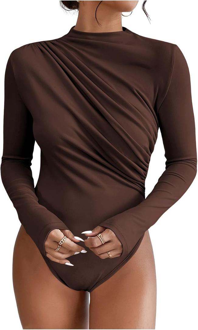 SweatyRocks Women's Bodysuit Mock Neck Casual Ruched Long Sleeve Jumpsuit Size L