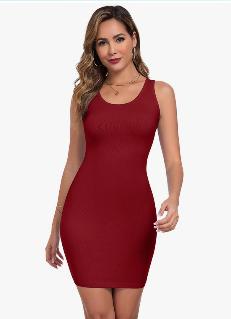 Qaffier Women's Mini Dress Summer Tank Dress Ribbed Crew Neck Sleeveless Basic Bodycon Mini Dresses, Size L, Red