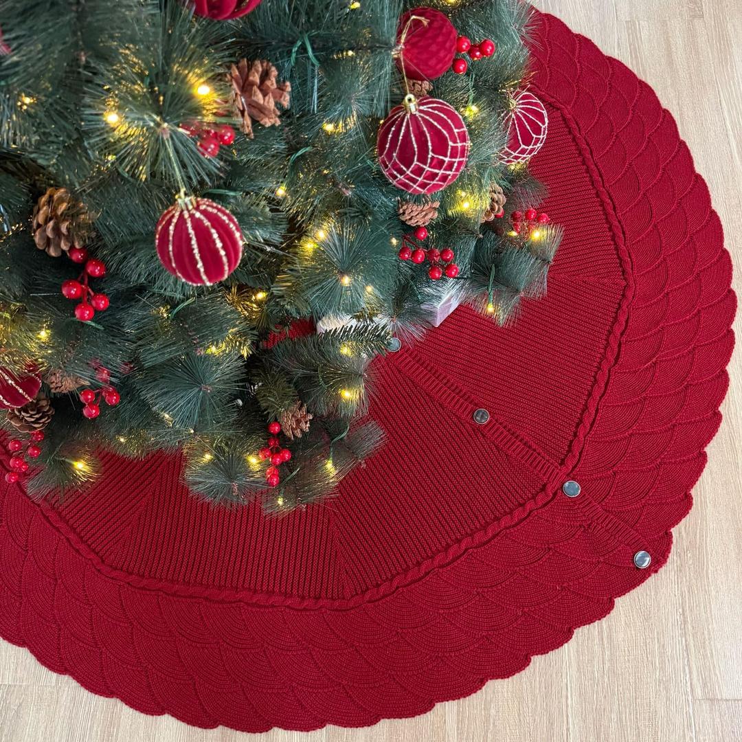 Starry Dynamo 60-Inch Knitted Christmas Tree Skirt with Mermaid Stitch Pattern and Fishscale Buttons, Machine Washable, Red (Burgundy)