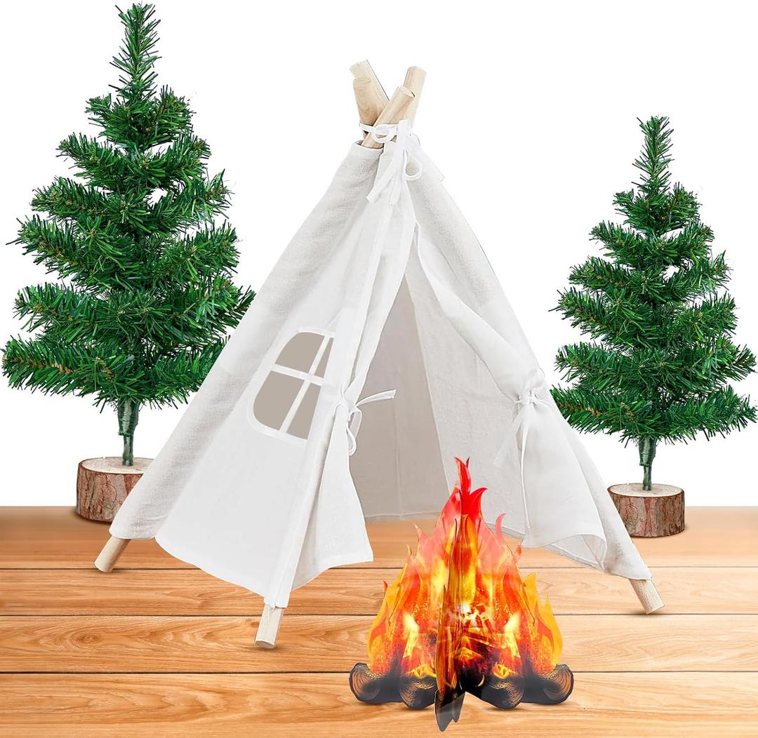 4 Pcs Camping Themed Party Decoration Set Camping Tent Themed Backdrop Photography Tent Nature Decor Include 1 Tent 1 3D Decorative Cardboard Campfire 2 PineTrees for Camping Party, 21 x 20 x 16 inches