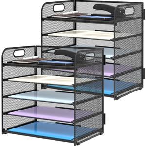 Supeasy 2 Pack 5-Tier Desk Organizer with Handle Mesh Desk File/Paper Organizer Letter Tray for Office, School, Classroom and Home Easy Installation, Black