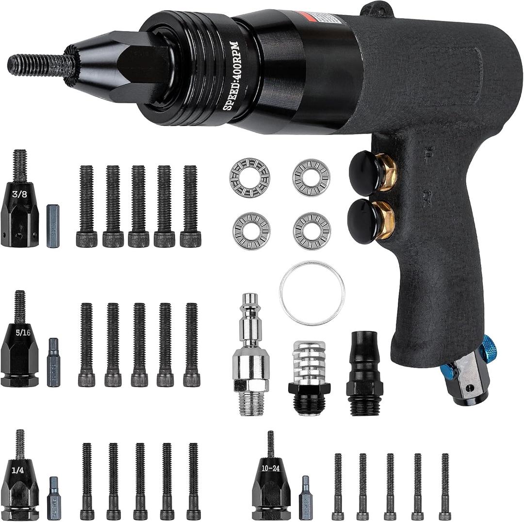 Clatoon Pneumatic Rivet Nut Gun with 10-24 & 1/4 & 5/16 & 3/8 Self-Locking Head, Adjustable Speed Air Rivet Gun, Air Rivet Nut Tool Kit with 4 Size Quick-Change, 6pcs Mandrels Included with Each Size