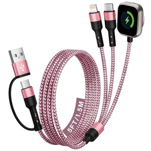 Travel Essentials & Car Accessories, 3 in 2 Multi Charging Cable USB C Multiple Travel Charger, USB A/C to USB C/iWatch Charger/IP, for iWatch Series/Ultra/SE& iPhone 17-8/Galaxy S26/25/Note/iPad-5FT