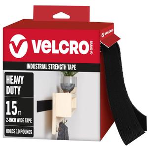 VELCRO Brand Heavy Duty Tape with Adhesive | 15 Ft x 2 In | Holds 10 lbs, Black | Industrial Strength Roll, Cut Strips to Length | Strong Hold for Indoor or Outdoor Use, 15ft x 2in