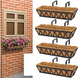4 Pack 36IN Window Box Railing with Adjustable Brackets, Hanging Flower Planter Basket with Coco Liner for Outdoor Balcony Porch Fence Patio (Black)
