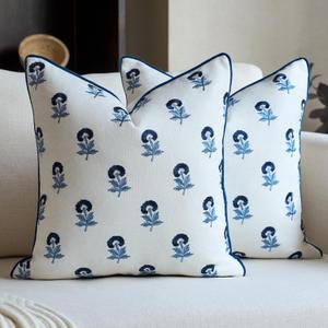 Embroidered Floral Pillow Covers 18x 18 Set of 2 Cotton Farmhouse Throw Pillow Covers with Piping Edge Decorative Cushion Covers for Sofa Couch Bedroom Living Room, Navy Blue