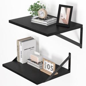 Black Deep Floating Shelves for Wall, 16W x 12D Wood Wall Shelves Set of 2, Wide Floating Bookshelf for Living Room, Kitchen, Office, Bedroom and Decor Storage, with Metal Bracket - Black