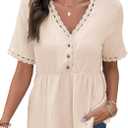 Dokotoo Women's Short Sleeve Babydoll Tops Lace Trim V Neck Cotton Tunic Shirts for Women 2026 Summer Spring Blouse (X-Large, Apricot)
