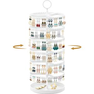 MODOWEY 6 Tier Rotating Earring Holder Organizer Display Tree with Metal Tray, Adjustable Plastic Stand with 342 Slots for Stud Hoop Hanger, Large Capacity Storage Rack for Women Space-Saving, White