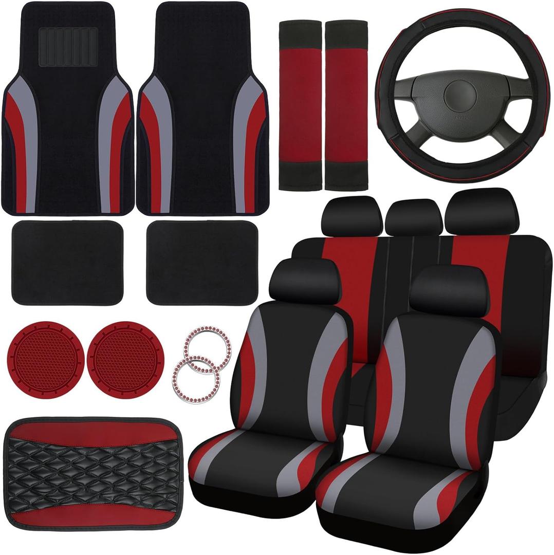Fabbay 21 Pcs Car Seat Covers Full Set Car Floor Mats Steering Wheel Cover Armrest Seat Belt Pad Seatbelt Cup Mats Emblem Ring Sticker for Sedans Trucks SUV(Black, Brick Red)