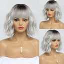White Silver Wigs for Women Ombre Grey Wavy Bob Short Wigs with Bangs Medium Length Synthetic Hair Water Wave Dark Roots Wig Gray Colorful Wigs14 Inches