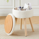 Mxfurhawa Storage Ottoman Foot Stool Teddy Velvet Round Vanity Stool Tray Top Footstool with Wood Legs Upholstered Foot Rest Ottoman for Living Room, Bathroom, Makeup (White)