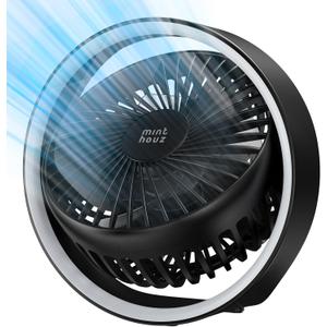 Minthouz Portable Desk Fan 180 Rotation USB Rechargeable Battery Operated Silent Hanging Hook 1800mAh 3 Speed 3 Light Mini Fan for Home Office Outdoor Black