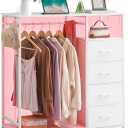 Somdot White Dresser for Bedroom with Hanging Rack LED Lights and Charging Station, 4 Drawers Dresser with Clothes Rack, Tall Storage Chest of Drawers for Closet Hallway Living Room Nursery
