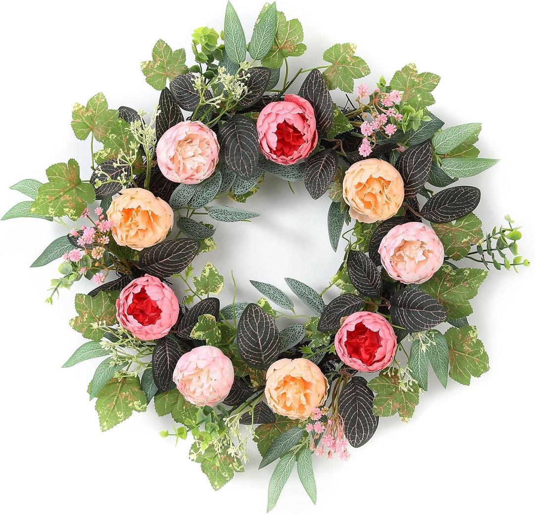 20" Peony Wreath for Front Door Spring Summer Artificial Pink Peony Floral Wreath for Wall, Window, and Wedding Decor