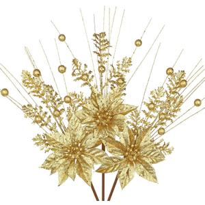 Oairse 3 Pcs Gold Artificial Poinsettia Flowers Picks Glitter Christmas Floral Picks and Sprays Christmas Fake Flowers Stems with Berries Pine Branches Fillers for for DIY Centerpieces Vase Decor