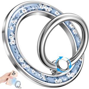Magnetic Phone Ring Holder Compatible with MagSafe - Cell Phone Grip Magnet Removable Finger Ring Grip Stand Cute Kawaii Design for iPhone 17 Pro Max 16 15 14 13 12 Series Blue Little Flower