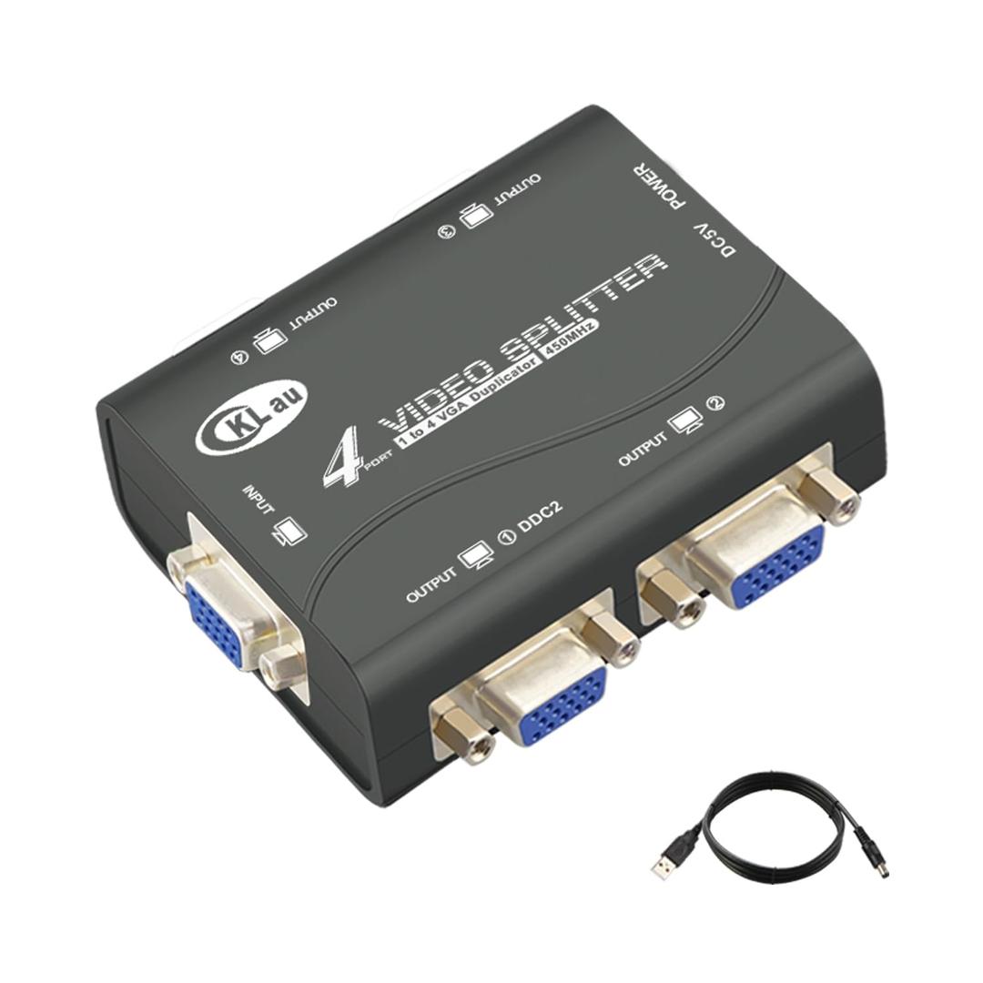 CKLau 450MHz Bandwidth 4 Port VGA Splitter Video Amplifier Box for 1 PC to 4 Monitors Support 2048 x 1536 for Screen Duplication/Mirror