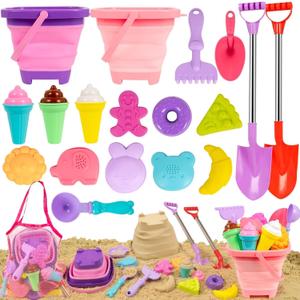 Beach Sand Toys Set Includes Collapsible Buckets 2 Big Size Sand Shovels, Rake, Animal Sand Molds Toys with Mesh Bag Silicone Pail, Sandbox Kit for Kids Age 3+ (19 PCS)