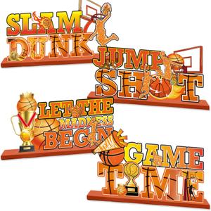 2 x 4Pcs March Basketball Party Decorations – Table Wooden Game Time Centerpieces for Basketball Birthday Party, Sport Themed Table Ornaments Set, Holiday Festival Senior Night Decor Gifts