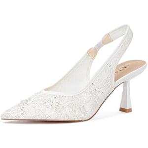 SUIARA Slingback Wedding Heels for Women Bridal Lace Mesh Kitten Heel Closed Pointed Toe Pearl Pumps Shoes 9