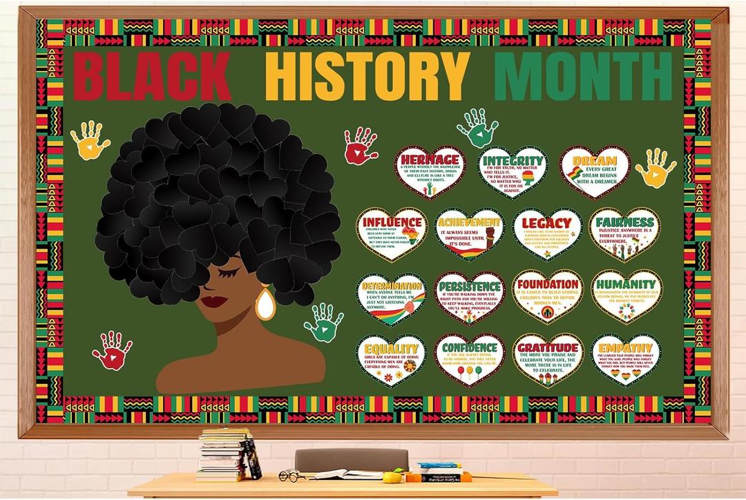 214 Pcs Black History Month Bulletin Board Decorations Black History Month Bulletin Board Border Letter Hand Portraits for Classroom African American Celebration Valentine's Day Decor Supplies
