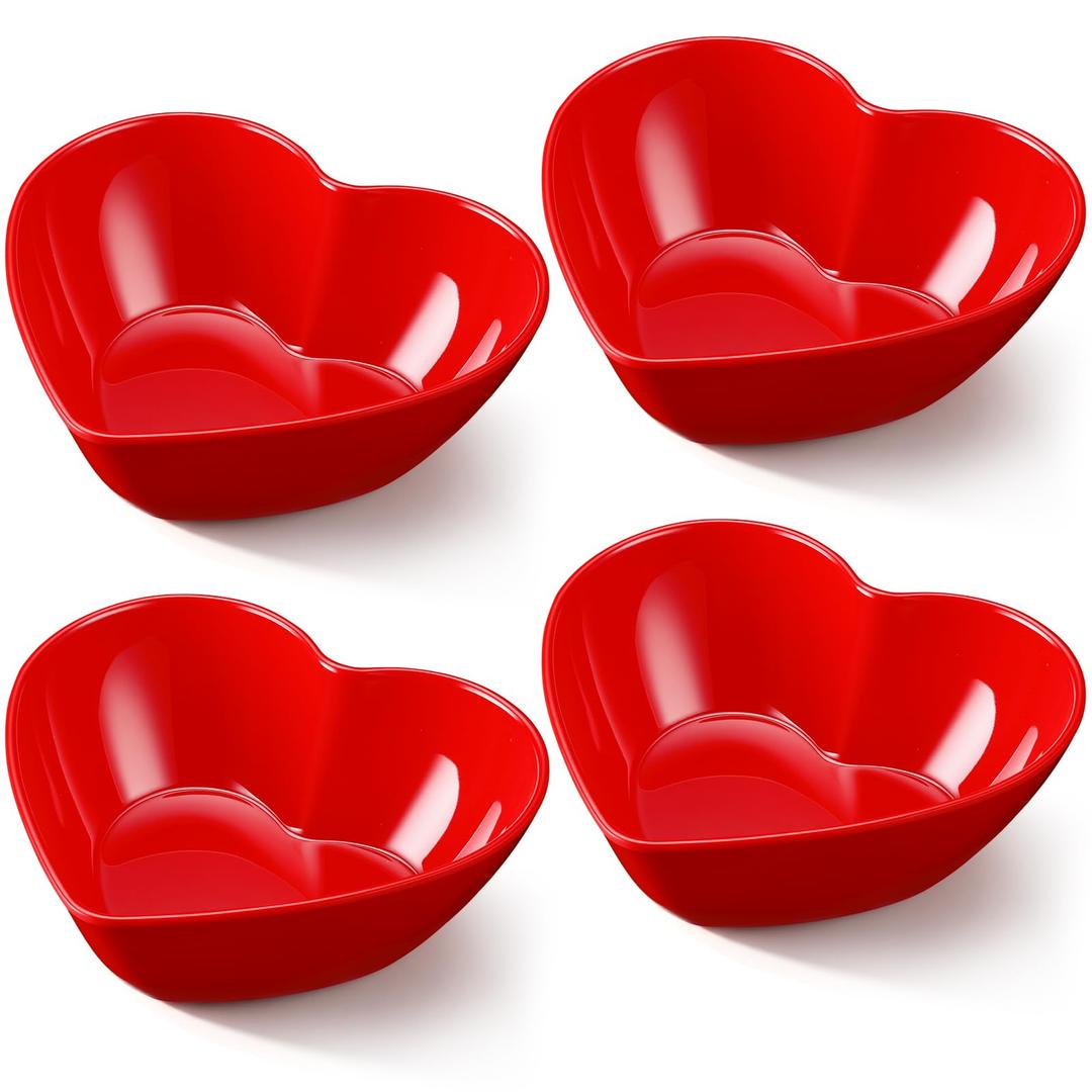 Maxdot Red 4 Pcs Large Heart Shaped Bowls, 8.9 Inch Plastic Heart Serving Bowls for Fruit, Sauce, Snacks, Candy, Dessert, Salad,Wedding Party Table Decor