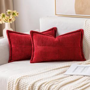 MIULEE Decorative Lumbar Throw Pillow Covers for Couch Bed Livingroom 12x20 Inch Set of 2 Red Boho Accent Throw Pllows Broadside Striped Patchwork Soft Corduroy Pillowcases