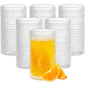 16oz Hobnail Drinking Glasses Set of 6, Vintage Large Capacity Embossed Clear Tumblers, Highball Glasses for Water, Cocktail, Beer, Whiskey, Juice & Bar Use