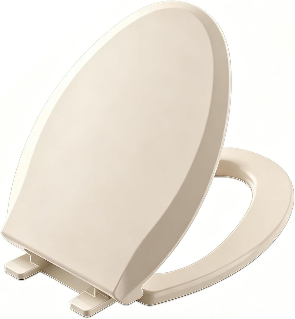 Toilet Seat Elongated Almond, 18.5 x 14.2 Inch, Slow Close, Bottom-Mount Design, Fits 2-Piece Toilets, Durable & Easy to Install, PP Material Safe and Durable