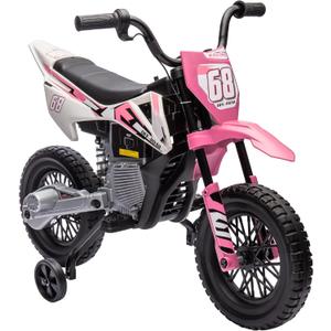 Qaba Kids Dirt Bike with Twist Grip Throttle, 12V Electric Motorcycle, Electric Bike for Toddler with Training Wheels, Rear Suspension & Music, Pink