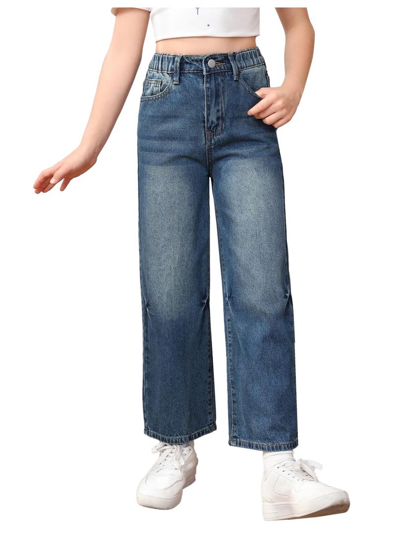 Milumia Girl's Y2k Wide Leg Baggy Denim Pants Elastic Waist Straight Jeans (Blue)