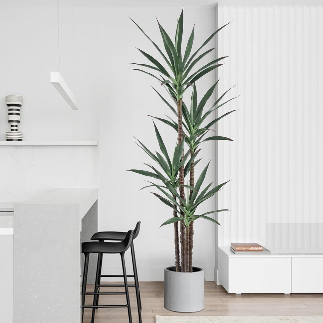 Artificial Agave Plant 7FT with 60 Leaves & 4 Trunks & Elegant Black Pot Faux Tall Floor Fake Large Modern Tree 82 Inch for Home Office Indoor Outdoor Decor Housewarming Gift (7FT, 1Pack)