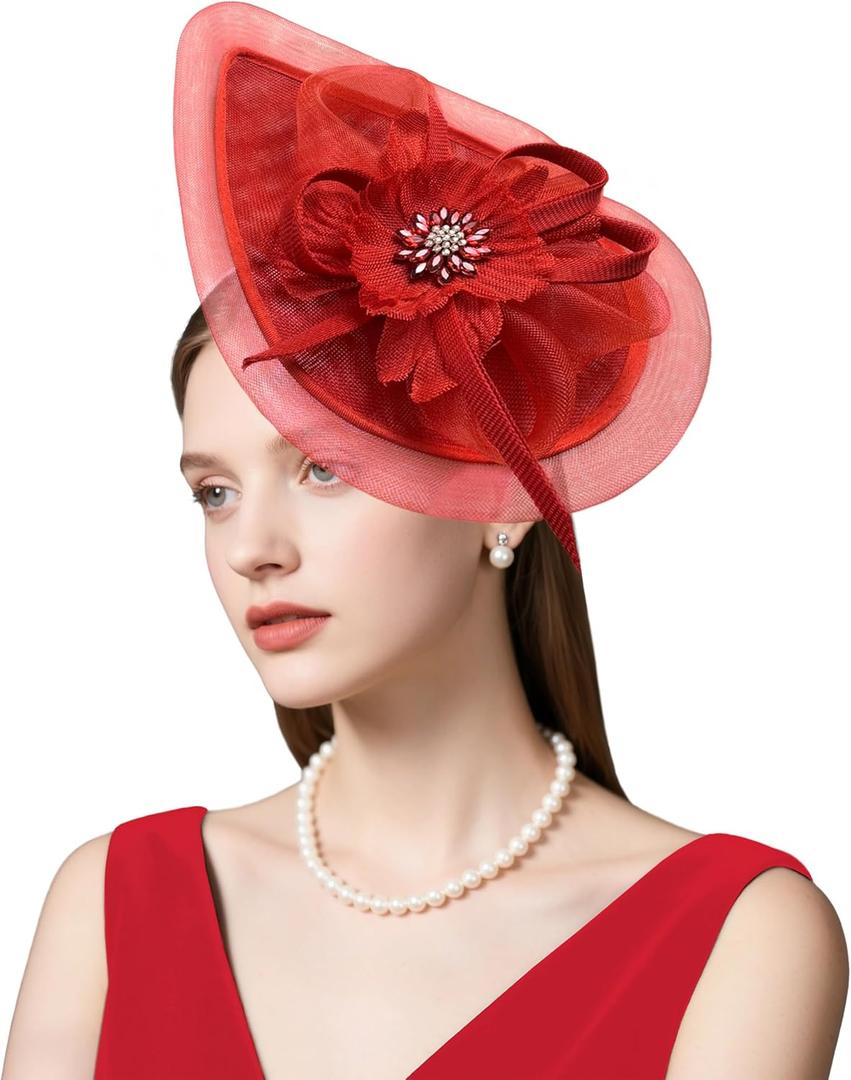 dressfan Womens Church Fascinator Hat,20s 50s Linen Vintage Hat for Derby/Church/Wedding/Cocktail/Tea Party (Red)