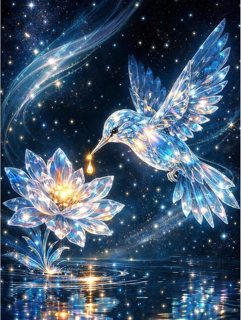 5 x YOMEIA Diamond Art Kits for Adults, 5D Crystal Hummingbird & LotusDiamond Painting Kits Full Drill Round Gem Art, DIY Crafts Paint by Diamonds for Home Wall Decor, Gifts for Beginners 12x16 Inch