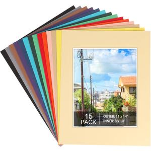 15 Pack 11x14 Picture Mats, Mixed Colors Frame Mattes for 8 x10 Pictures Photo Frame Mat Core Bevel Cut Mat Board Show Kit for Photos, Prints, Artworks