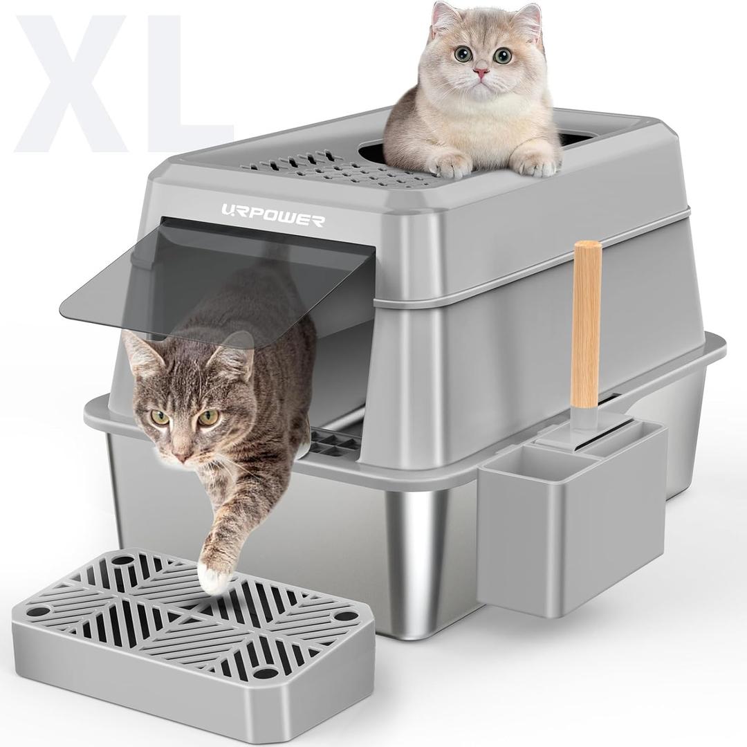 URPOWER Stainless Steel Cat Litter Box with Lid Extra Large Enclosed Litter Box for Cats Non-Sticky Metal Pan with High Sided Enclosure & Scoop, Front & Top Entry, Anti-Leakage, Easy Cleaning (Gray)