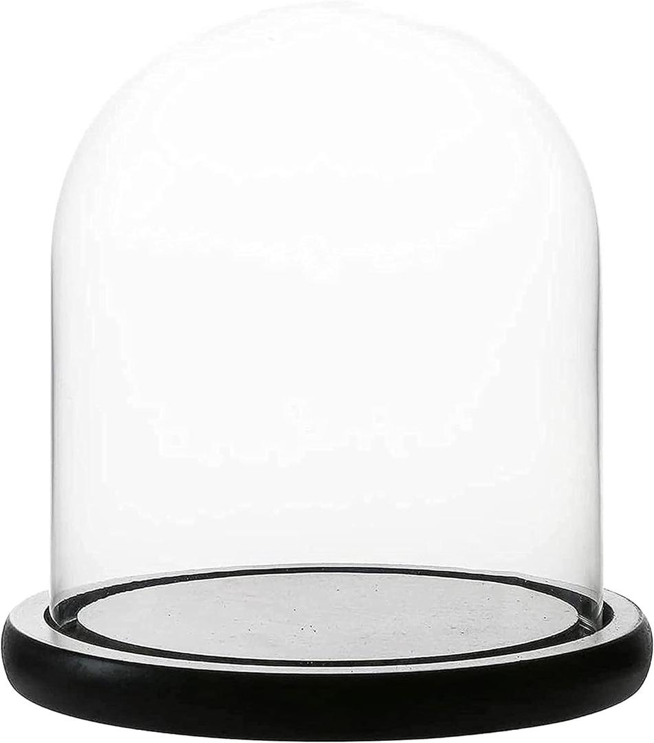 WHOLE HOUSEWARES Decorative Clear Glass Dome | 6" D x 10" H Cloche Bell Jar Display Case with Black Wooden MDF Base | for Tabletop Centerpieces, Collectible, Candles, Fairy Lights, Plants, & Antiques (9.8 cm Tall)