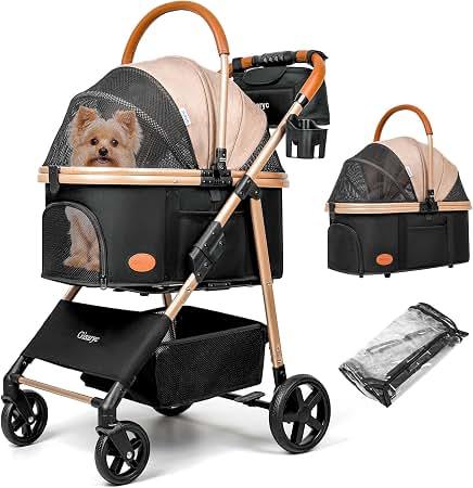 Dog Cat Stroller for Small/Medium Pets up to 50 lbs, 3-in-1 Foldable Pet Stroller with Detachable Carrier, Car Seat, Storage Basket, Cup Holder, Hanging Bag, Rain Cover, All-Terrain 4 Wheels (Black)