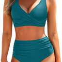 Yonique Women's Two Piece High Waisted Bikini Set Tummy Control Swimsuit Full Coverage Bathing Suit (Large, Teal)