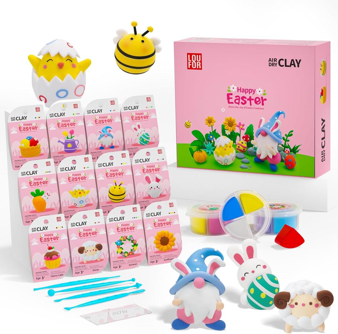 Loufor Air Dry Clay Kits Easter - Modeling Clay for Kids, Ultra Light & Soft, Safe & Non-Toxic, 12 Boxes Model Magic Clay with Sculpting Tools und Tutorials, DIY Creative Arts und Crafts Toys Gifts (Black, L)