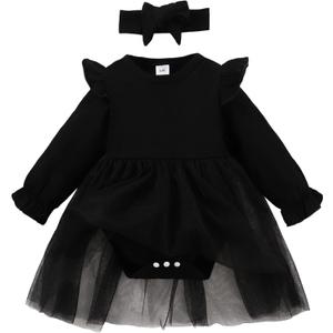 SOBOWO Newborn Infant Baby Girl Romper Dress Tutu Ruffle Long Sleeve Tulle Solid Onsies Dresses Fall Outfits with Headband (0-3 Months)