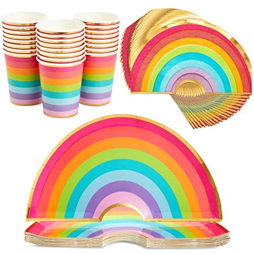72 Piece Rainbow Party Dinnerware Set - Serves 24 Disposable Die-Cut Plates, Cups & Napkins - Colorful Rainbow Party Decorations for Birthdays & Events
