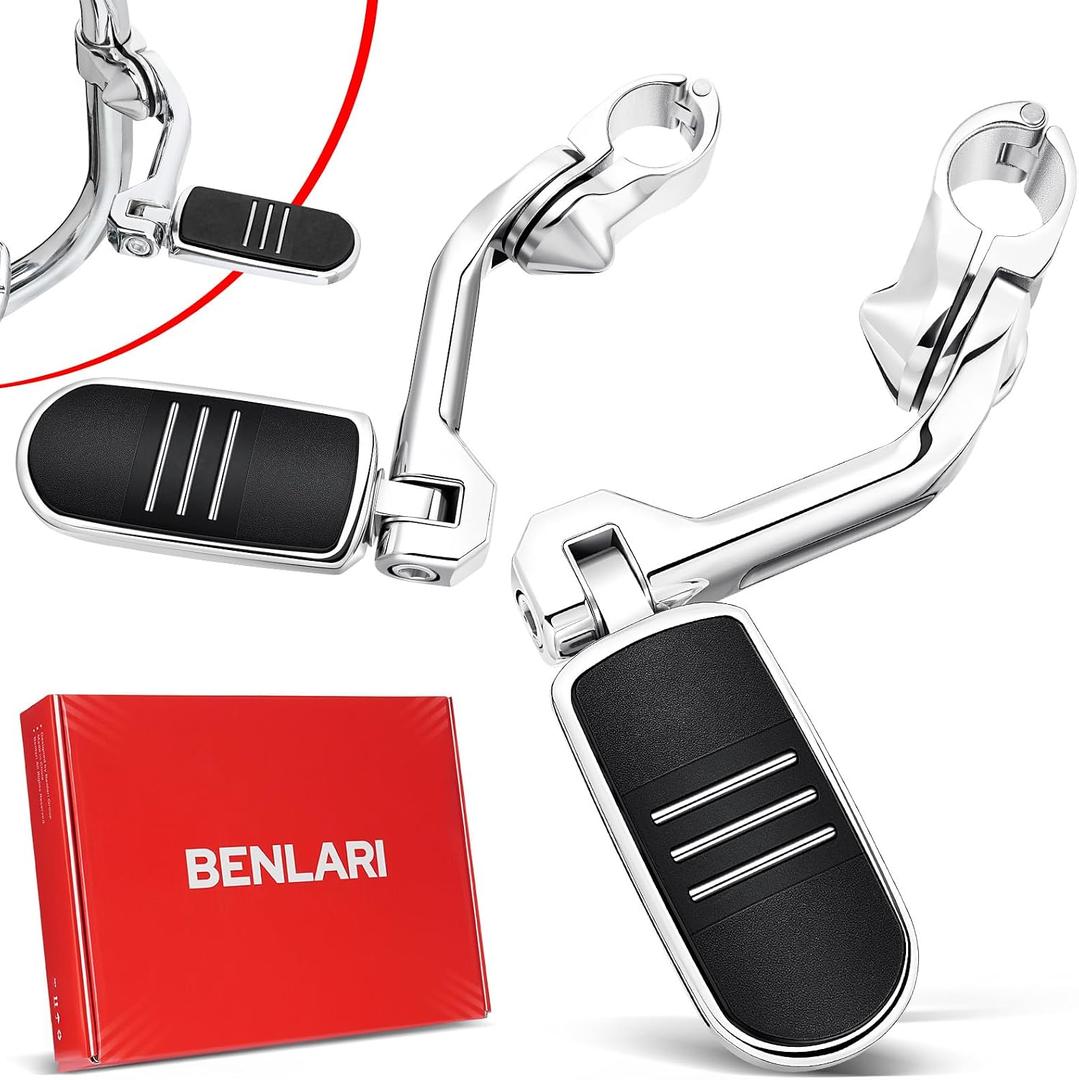 Benlari Highway Pegs, 1.25" Highway Foot Pegs Long Angled Stainless Steel 304 Adjustable Fit for Harley Touring Street Glide Softail Dyna Sportster fits 1-1/4"(32mm) Engine Guard(Chrome)