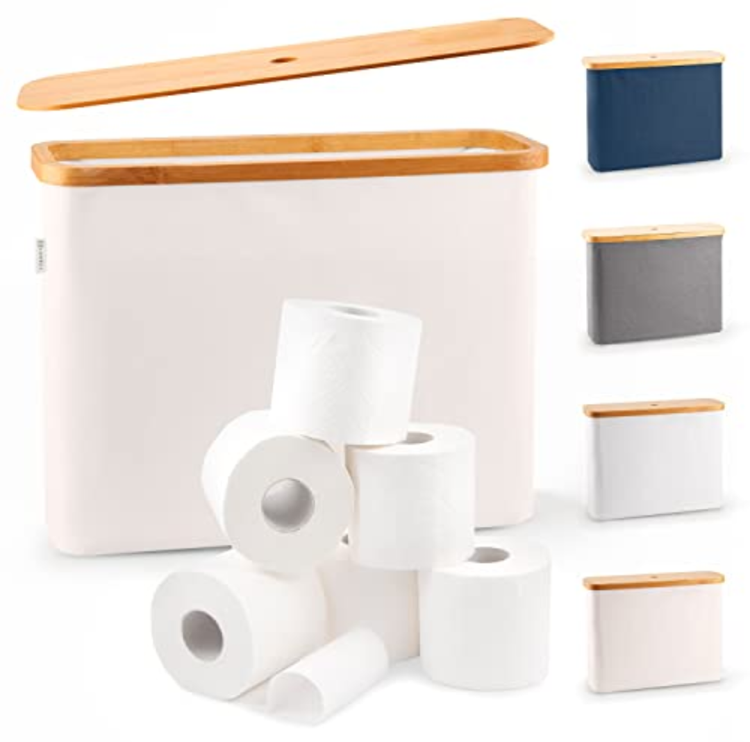 LONBET Toilet Paper Storage for 12 Rolls, Stackable & Foldable - The Ultimate Bathroom Organizer - Waterproof Basket with Bamboo Lid - Elegant Toilet Paper Storage Holder, Gray (Grey)