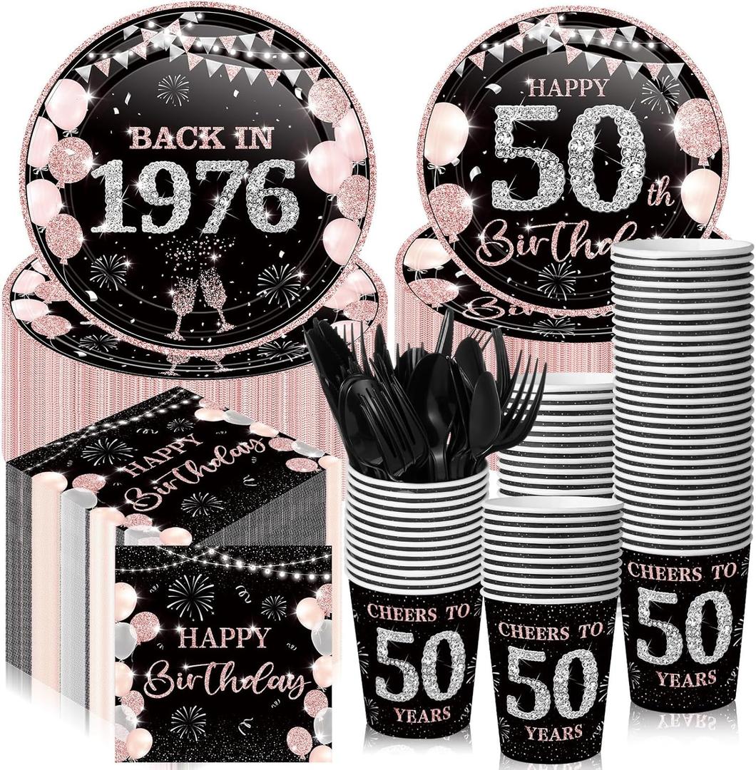 240 Pcs 50th Birthday Decorations Birthday Party Tableware Include Plates Napkins 9oz Cups Cutlery Anniversary Dinnerware Party Supplies for Men Women Him Her, Serve 30 Guests (Black Pink)
