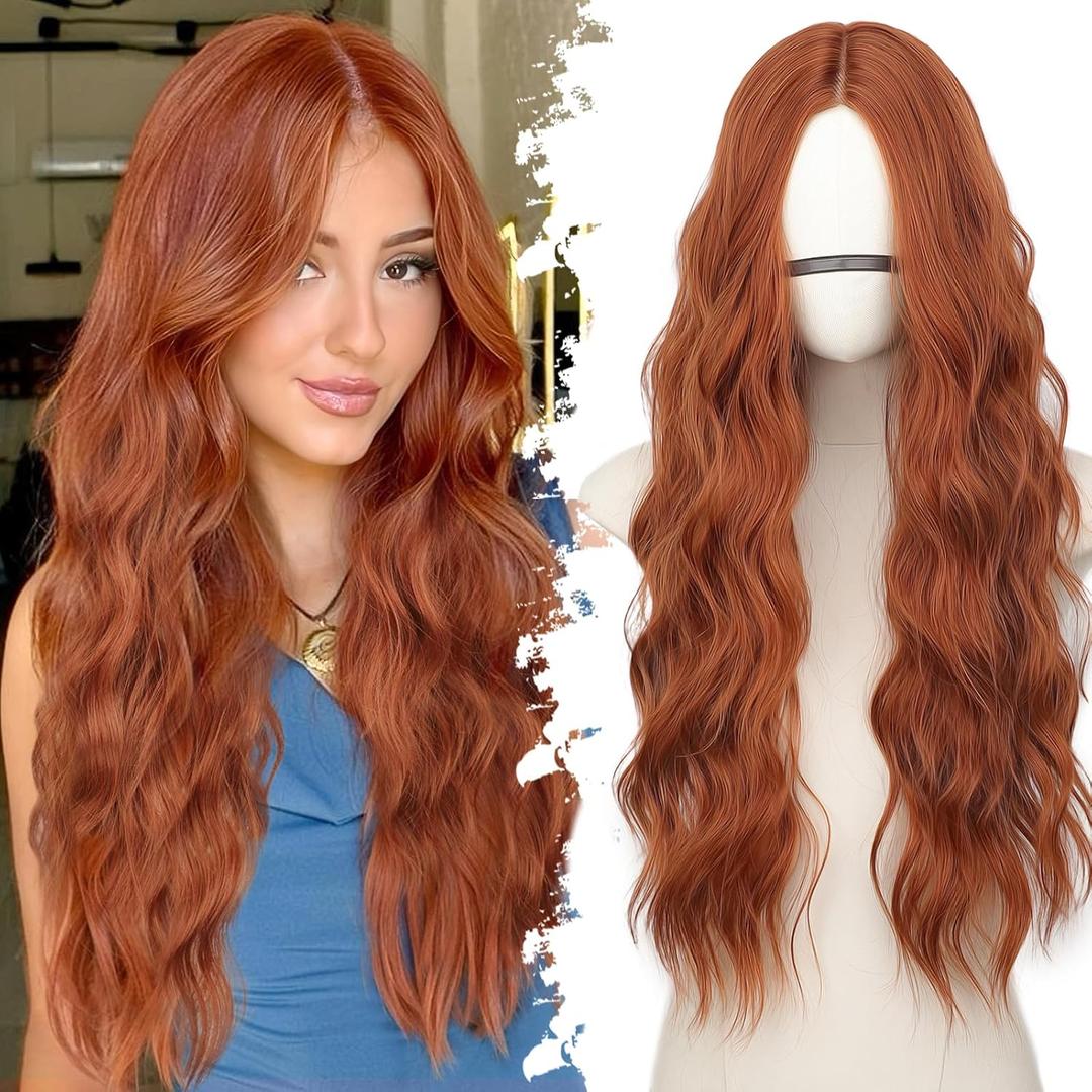 Ginger Long Wavy Wig for Women, Pre-Cut HD Lace Natural Hairline, Glueless Middle Part, Synthetic Fiber for Daily and Party Use 26Inch, Ginger 